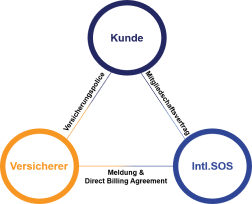 Grafik zeigt die Trangulierung zwischen Kunde, Versicherung und International SOS