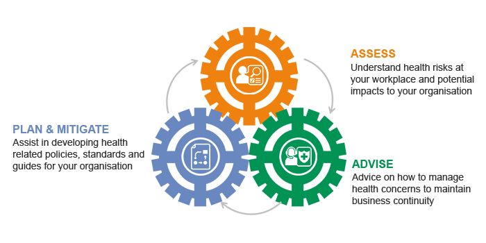 Health consulting diagram assess advise mitigate