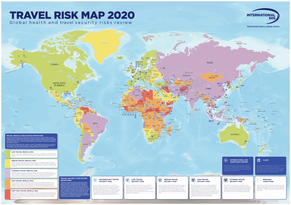 Travel Risk Map: die Weltkarte ist entsprechend Risiko für Medizin und Sicherheit eingefärbt