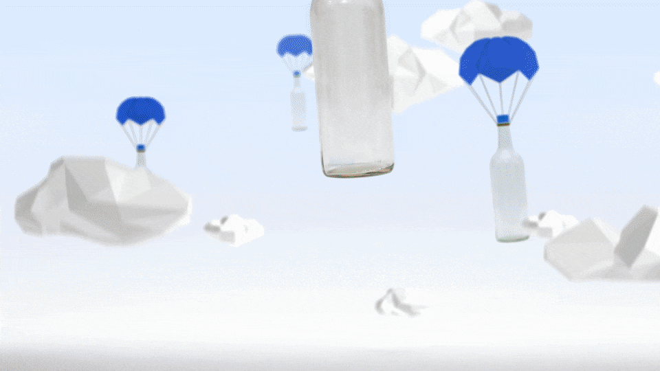 Auf GIF klicken, um ein Video zu sehen. Animierte Flasche landet mit einem Fallschirm auf dem Boden vor einer Klinik, der Boden wird zu Wasser und die Flasche wird von einer Hand aufgehoben. 